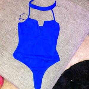 Electric blue backless body suit